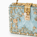 Luxury Gold Embellished Acrylic Evening Clutch Bag – Designer Box Purse for Weddings & Special Occasions - in Sky Blue | Arvea Bags