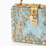 Luxury Gold Embellished Acrylic Evening Clutch Bag – Designer Box Purse for Weddings & Special Occasions - in Sky Blue | Arvea Bags