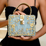 Luxury Gold Embellished Acrylic Evening Clutch Bag – Designer Box Purse for Weddings & Special Occasions - in Sky Blue | Arvea Bags