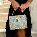 Luxury Gold Embellished Acrylic Evening Clutch Bag – Designer Box Purse for Weddings & Special Occasions - in Sky Blue | Arvea Bags