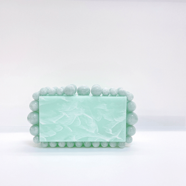 Luxury Pearl Acrylic Clutch – Elegant Evening Bag with Gold Chain - in Aqua Green | Arvea Bags