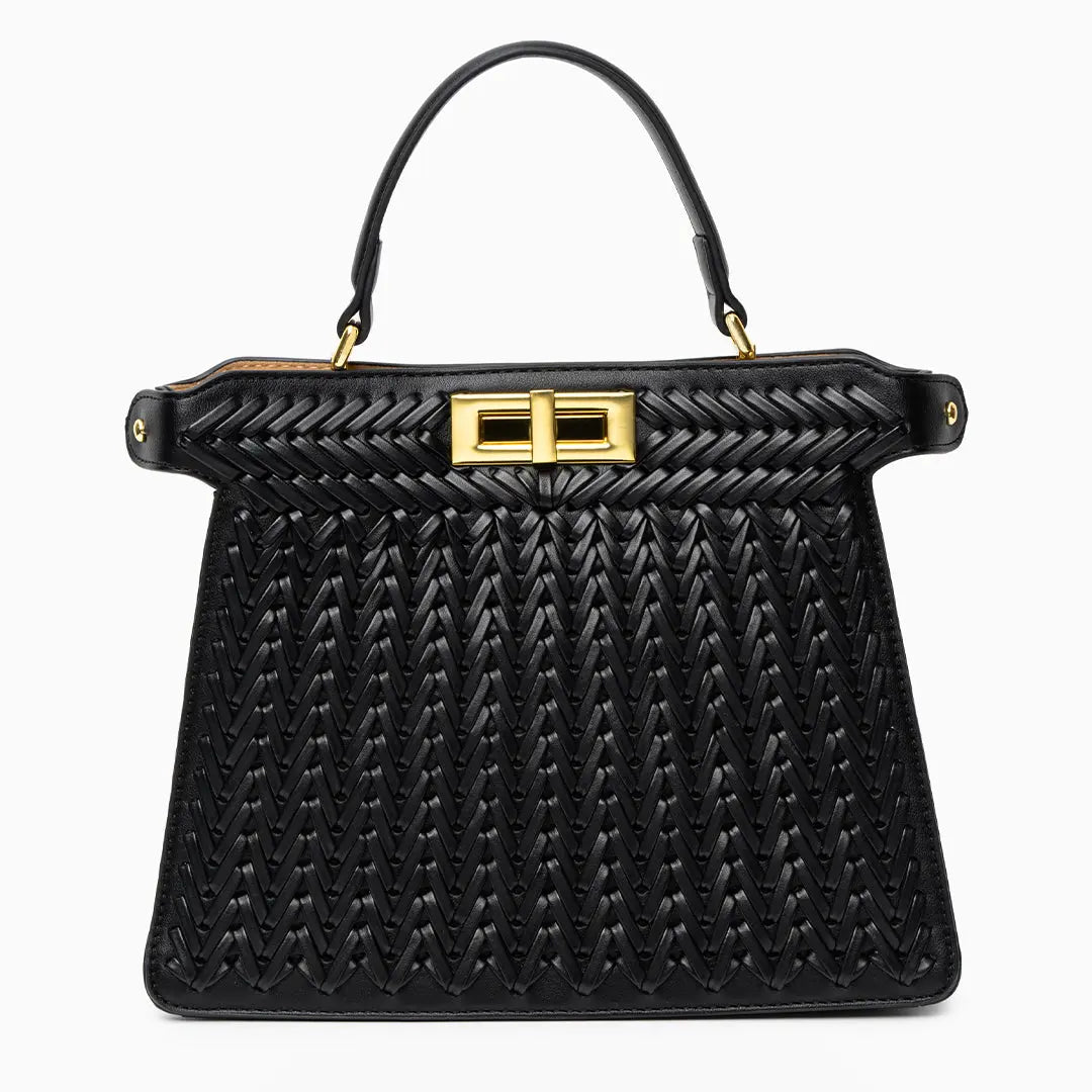 Luxury Tan Braided Leather Bag – Elegant Top Handle & Gold Twist Lock - in Black | Arvea Bags