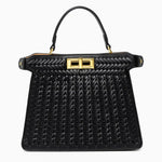 Luxury Tan Braided Leather Bag – Elegant Top Handle & Gold Twist Lock - in Black | Arvea Bags