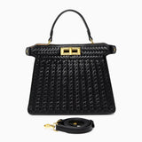 Luxury Tan Braided Leather Bag – Elegant Top Handle & Gold Twist Lock - in Black | Arvea Bags
