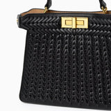 Luxury Tan Braided Leather Bag – Elegant Top Handle & Gold Twist Lock - in Black | Arvea Bags