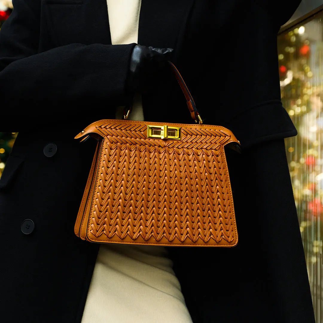 Luxury Tan Braided Leather Bag – Elegant Top Handle & Gold Twist Lock - in Brown | Arvea Bags