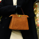 Luxury Tan Braided Leather Bag – Elegant Top Handle & Gold Twist Lock - in Brown | Arvea Bags