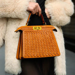 Luxury Tan Braided Leather Bag – Elegant Top Handle & Gold Twist Lock - in Brown | Arvea Bags