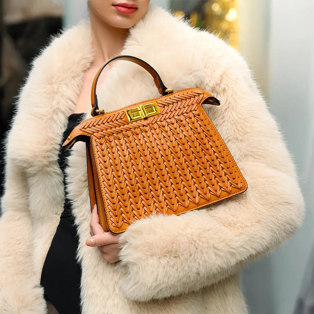 Luxury Tan Braided Leather Bag – Elegant Top Handle & Gold Twist Lock - in Brown | Arvea Bags