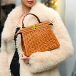 Luxury Tan Braided Leather Bag – Elegant Top Handle & Gold Twist Lock - in Brown | Arvea Bags