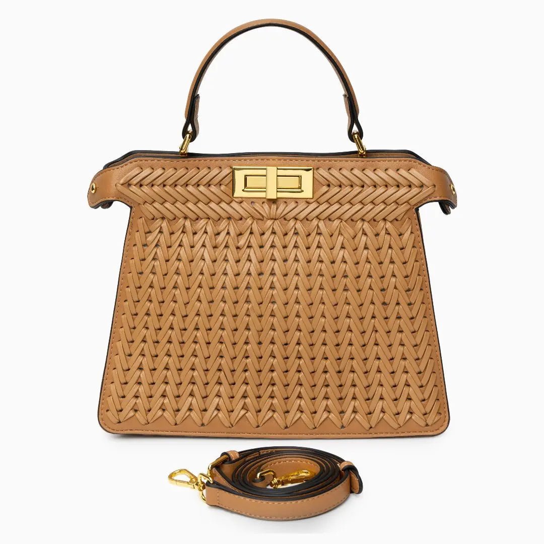 Luxury Tan Braided Leather Bag – Elegant Top Handle & Gold Twist Lock - in Brown | Arvea Bags