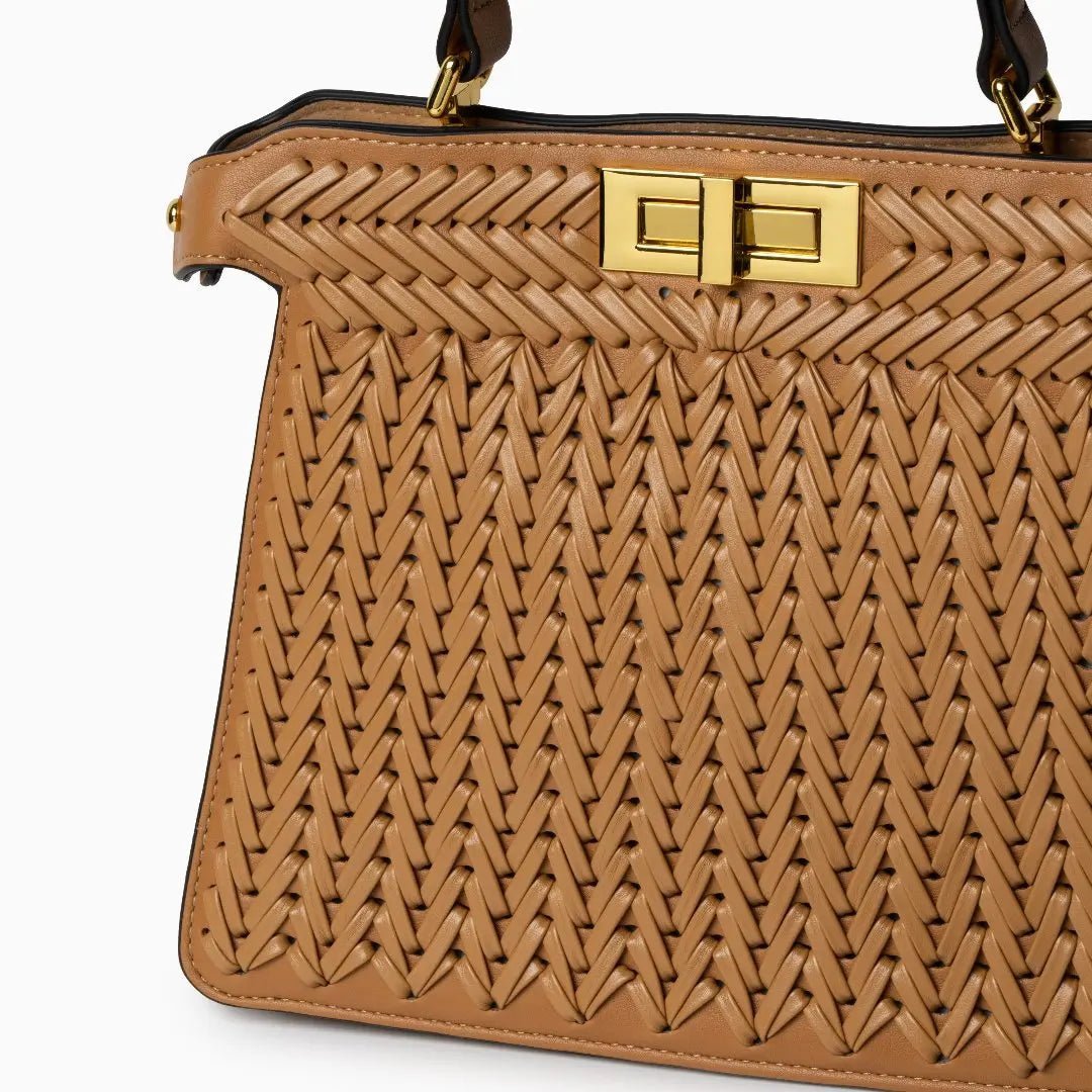 Luxury Tan Braided Leather Bag – Elegant Top Handle & Gold Twist Lock - in Brown | Arvea Bags