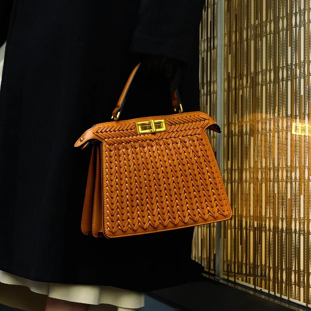 Luxury Tan Braided Leather Bag – Elegant Top Handle & Gold Twist Lock - in Brown | Arvea Bags