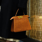 Luxury Tan Braided Leather Bag – Elegant Top Handle & Gold Twist Lock - in Brown | Arvea Bags