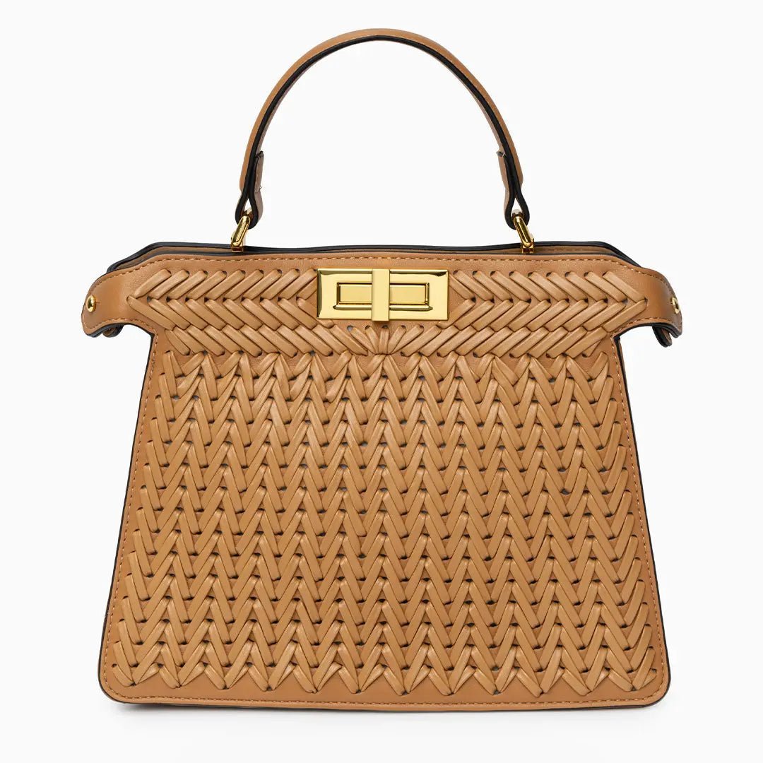 Luxury Tan Braided Leather Bag – Elegant Top Handle & Gold Twist Lock - in Brown | Arvea Bags