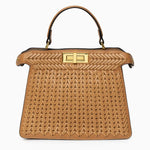 Luxury Tan Braided Leather Bag – Elegant Top Handle & Gold Twist Lock - in Brown | Arvea Bags