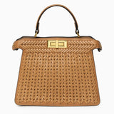 Luxury Tan Braided Leather Bag – Elegant Top Handle & Gold Twist Lock - in Brown | Arvea Bags