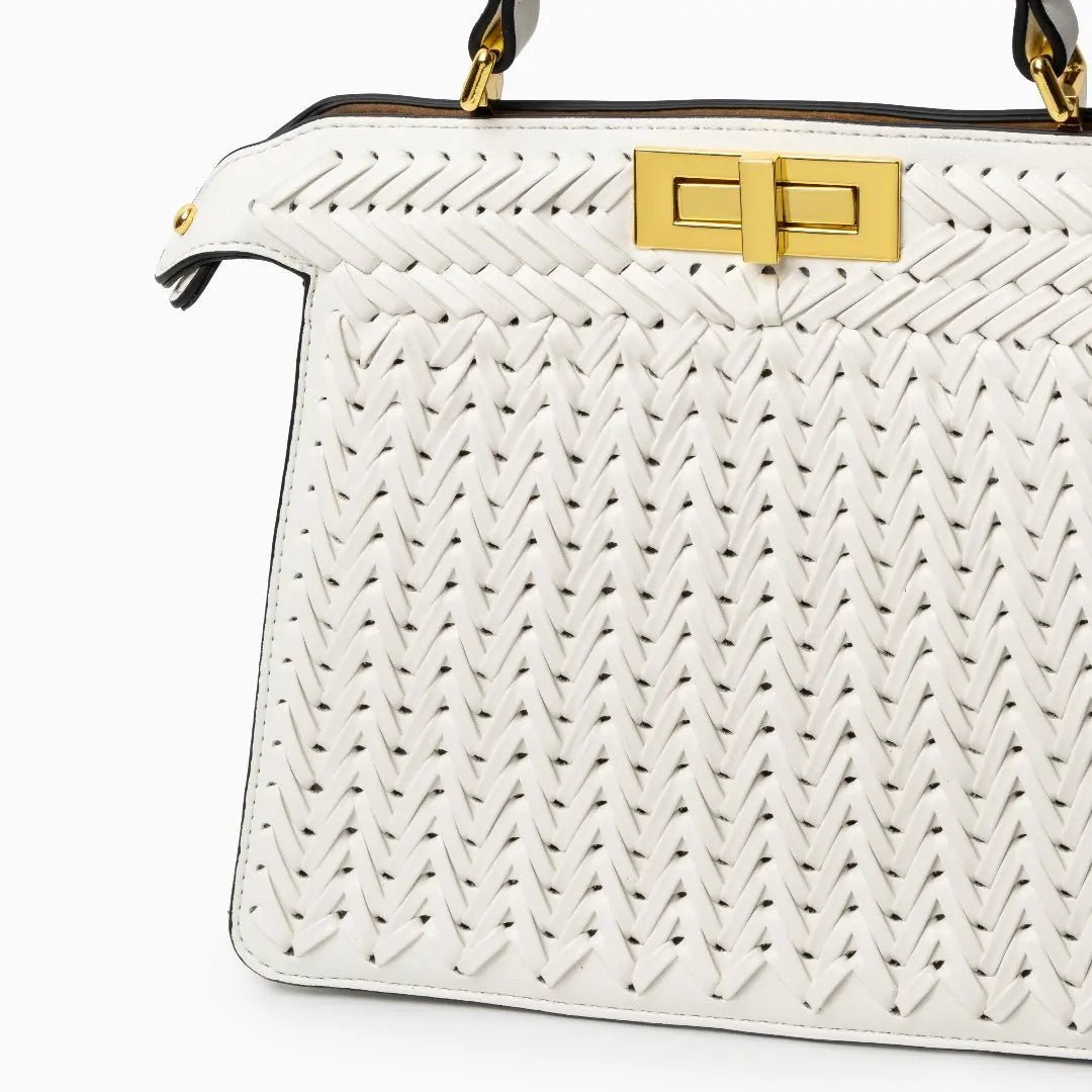 Luxury Tan Braided Leather Bag – Elegant Top Handle & Gold Twist Lock - in Light Beige | Arvea Bags