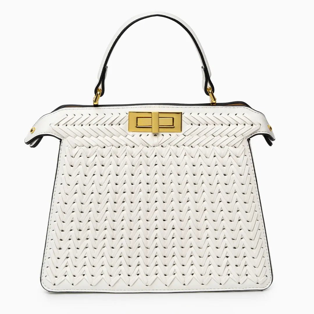 Luxury Tan Braided Leather Bag – Elegant Top Handle & Gold Twist Lock - in Light Beige | Arvea Bags