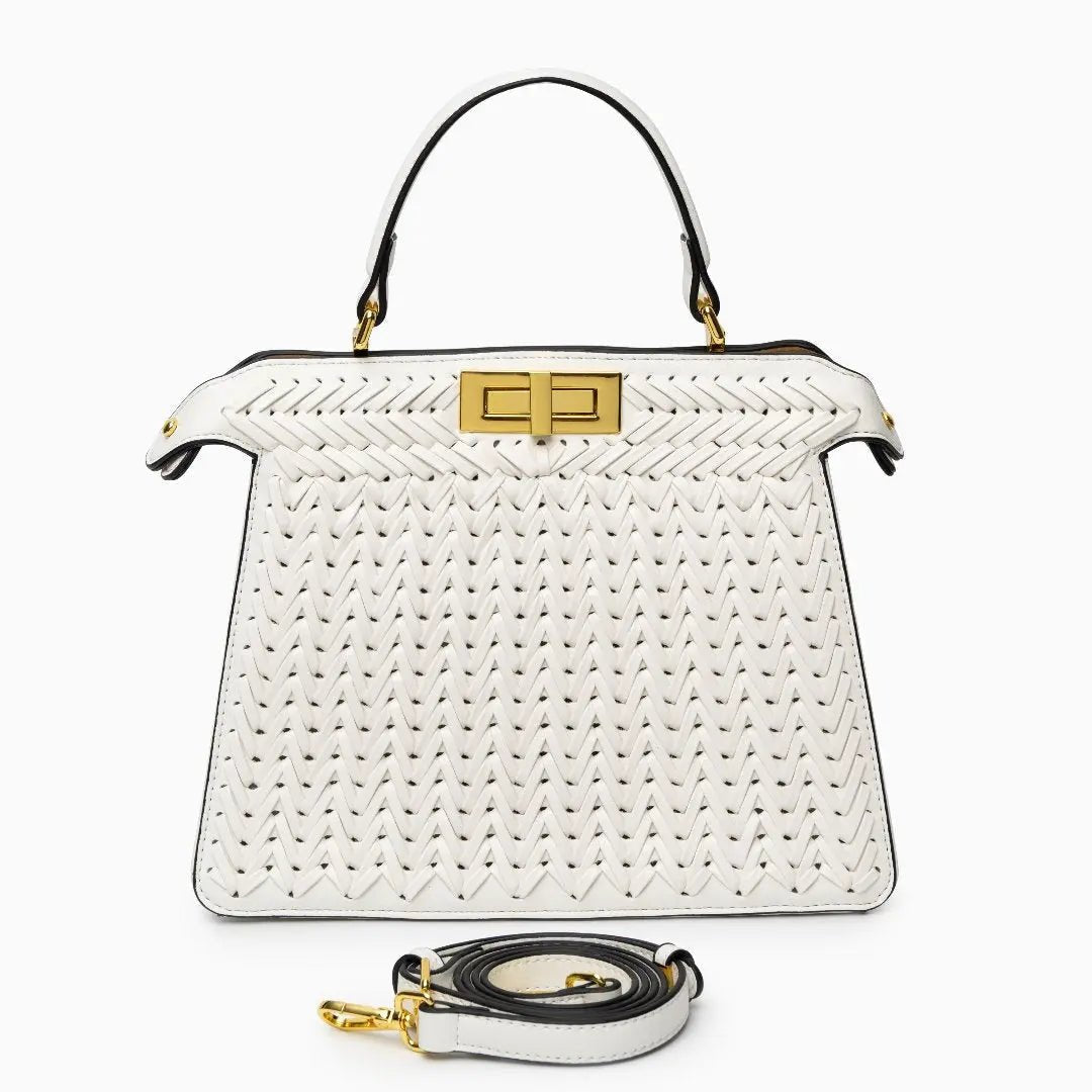 Luxury Tan Braided Leather Bag – Elegant Top Handle & Gold Twist Lock - in Light Beige | Arvea Bags