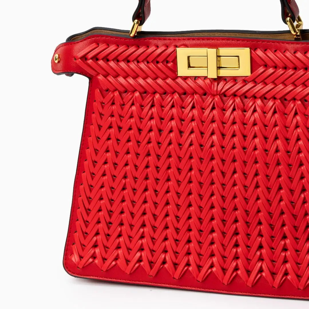 Luxury Tan Braided Leather Bag – Elegant Top Handle & Gold Twist Lock - in Red | Arvea Bags