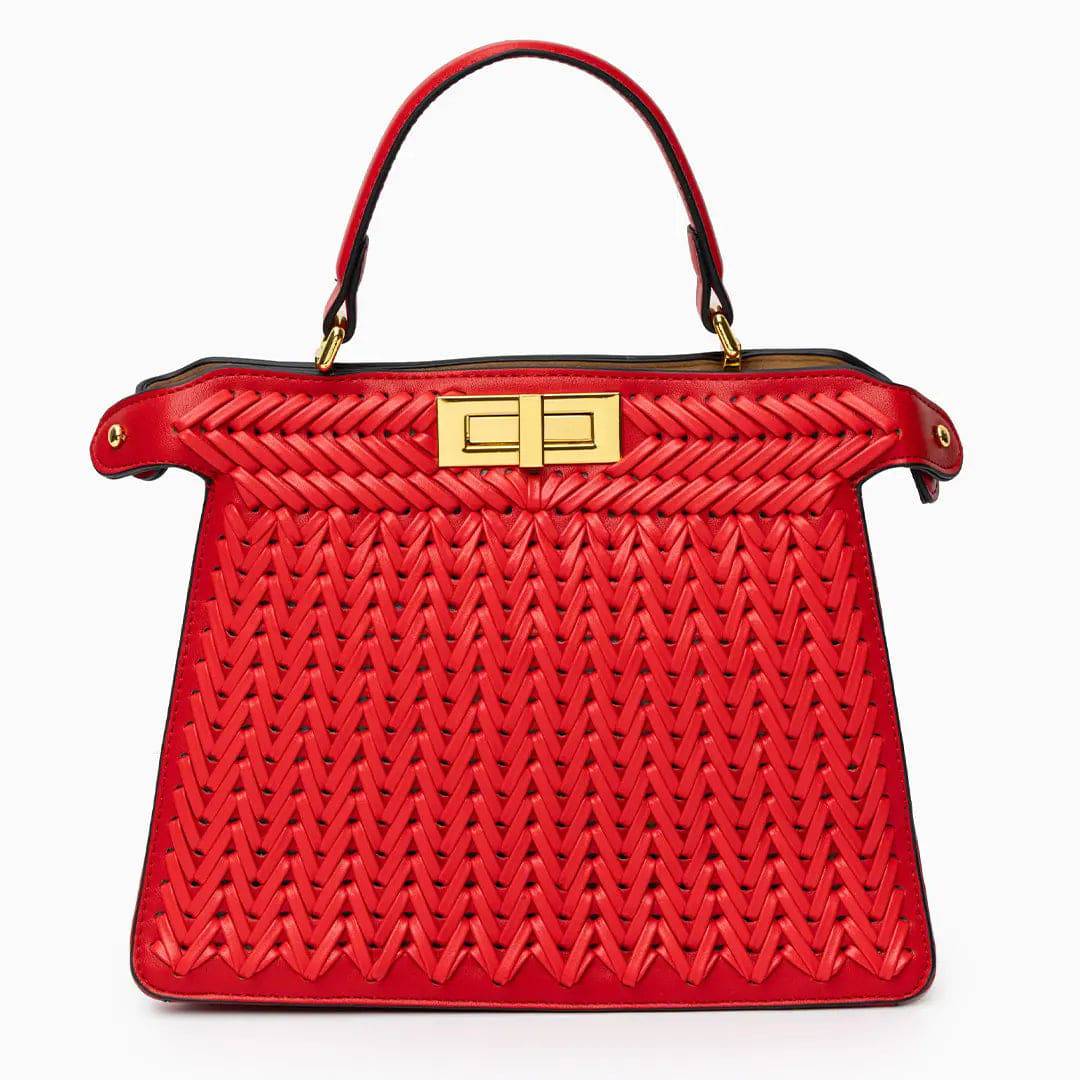 Luxury Tan Braided Leather Bag – Elegant Top Handle & Gold Twist Lock - in Red | Arvea Bags
