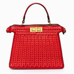 Luxury Tan Braided Leather Bag – Elegant Top Handle & Gold Twist Lock - in Red | Arvea Bags