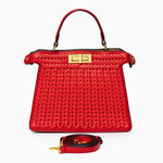 Luxury Tan Braided Leather Bag – Elegant Top Handle & Gold Twist Lock - in Red | Arvea Bags
