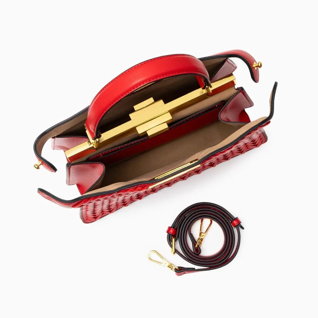 Luxury Tan Braided Leather Bag – Elegant Top Handle & Gold Twist Lock - in Red | Arvea Bags