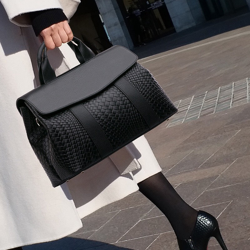 Lyla Luxury Black Woven Leather Tote Bag for Women - in Black | Arvea Bags
