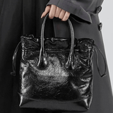 Maelora | Glossy Black Leather Drawstring Bag – Chic & Modern - in Black | Arvea Bags