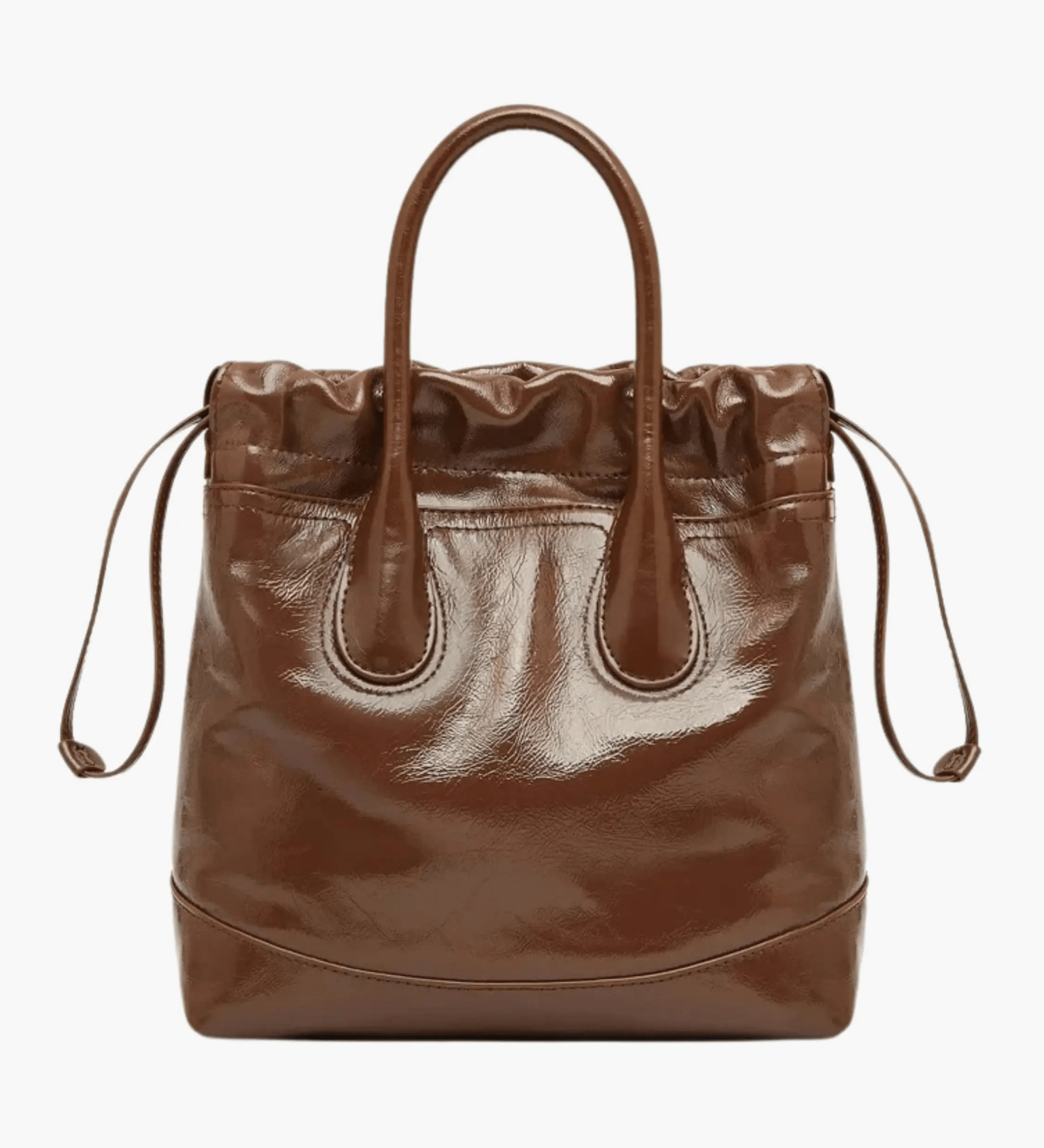 Maelora | Glossy Black Leather Drawstring Bag – Chic & Modern - in Dark Brown | Arvea Bags