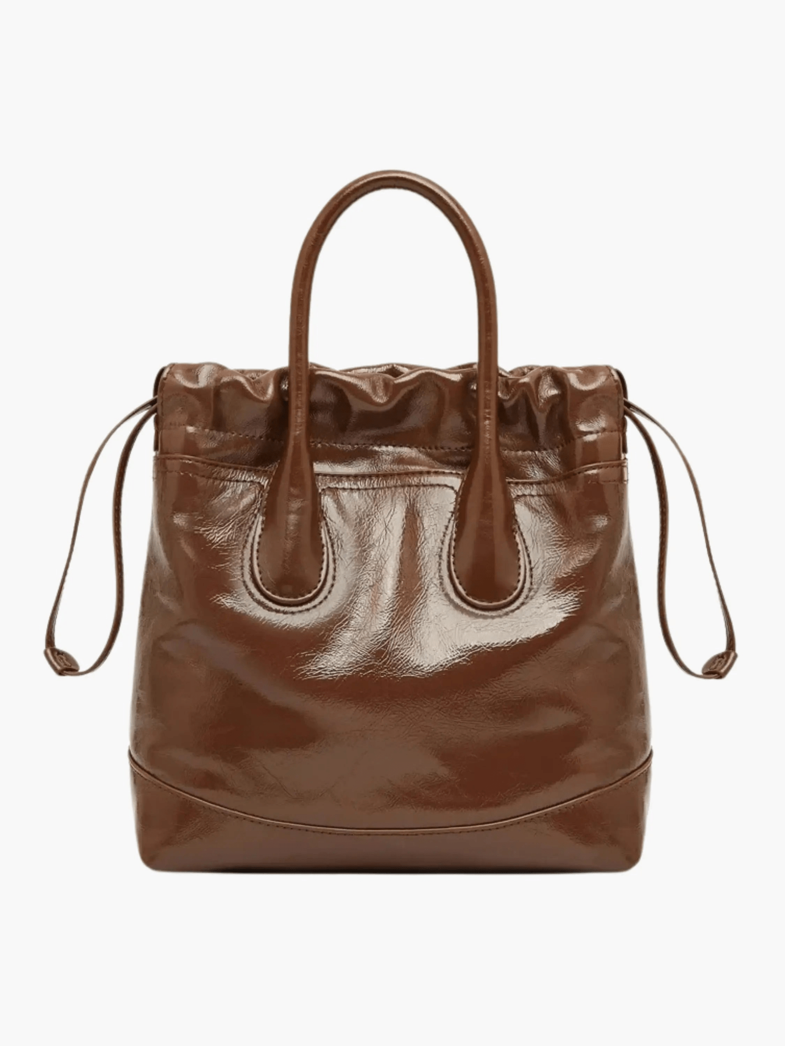 Maelora | Glossy Black Leather Drawstring Bag – Chic & Modern - in Dark Brown | Arvea Bags