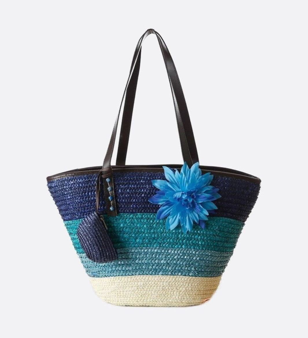 Marbella Bloom Straw Tote – Woven Beach Bag - in Blue | Arvea Bags