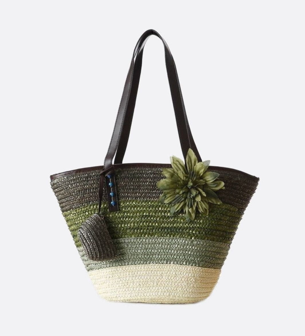 Marbella Bloom Straw Tote – Woven Beach Bag - in Dark Green | Arvea Bags