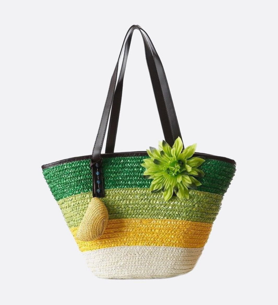 Marbella Bloom Straw Tote – Woven Beach Bag - in Green | Arvea Bags