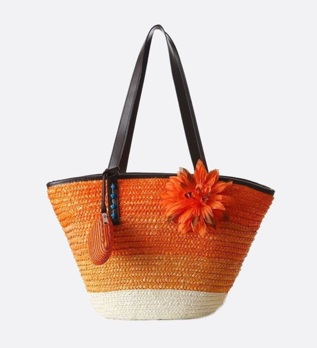 Marbella Bloom Straw Tote – Woven Beach Bag - in Orange | Arvea Bags