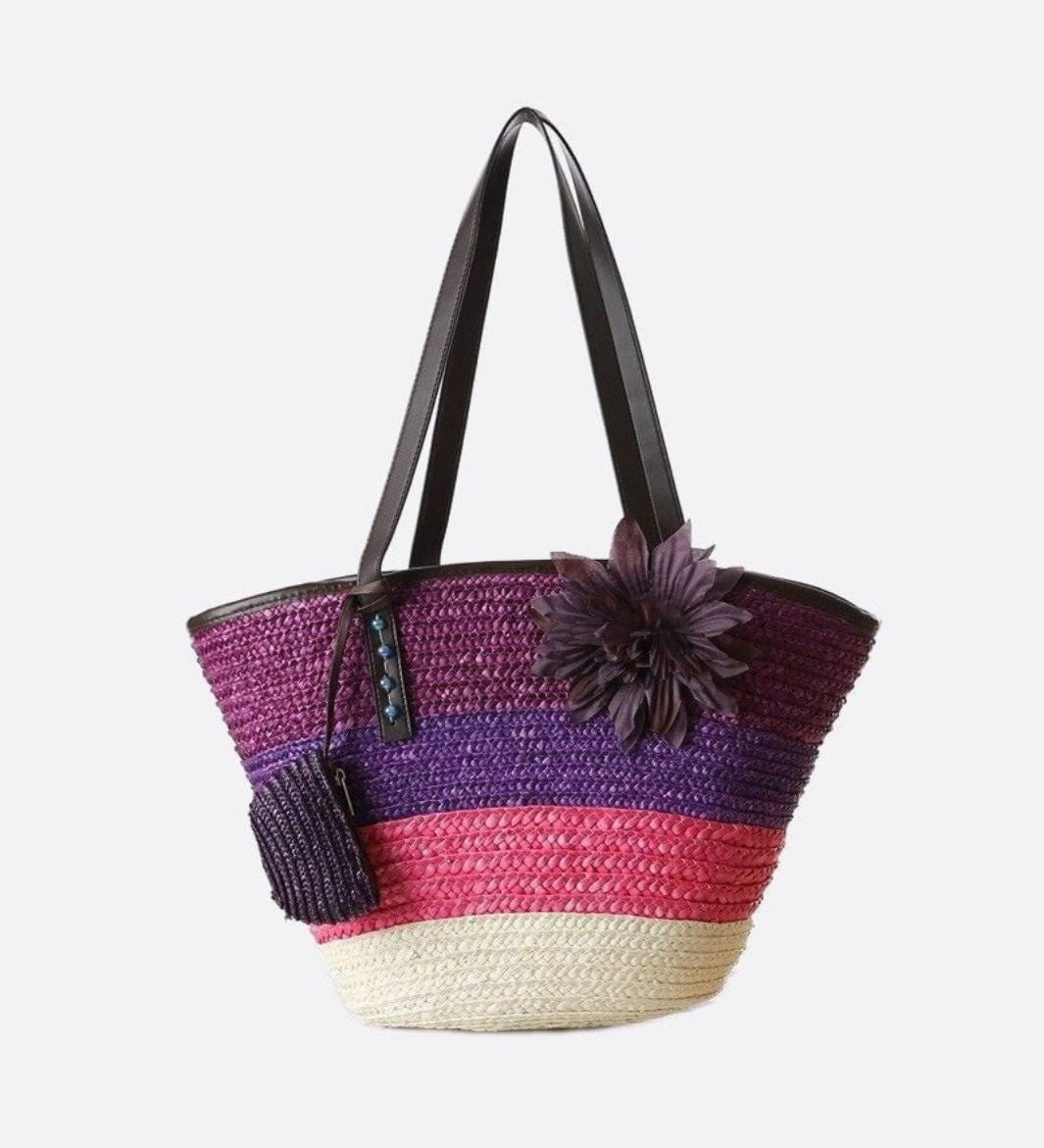 Marbella Bloom Straw Tote – Woven Beach Bag - in Purple | Arvea Bags