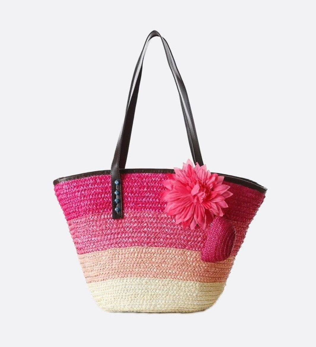 Marbella Bloom Straw Tote – Woven Beach Bag - in Salmon Pink | Arvea Bags