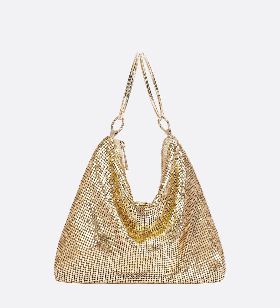 Mesh Handbag – Shimmer Evening Ring Handle Purse - in Gold | Arvea Bags