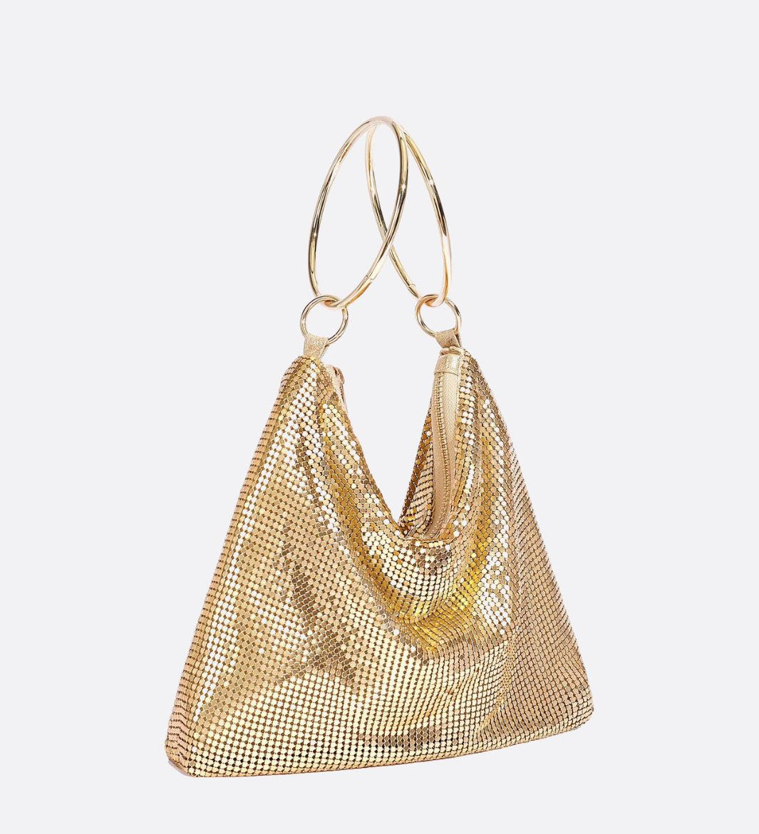 Mesh Handbag – Shimmer Evening Ring Handle Purse - in Gold | Arvea Bags