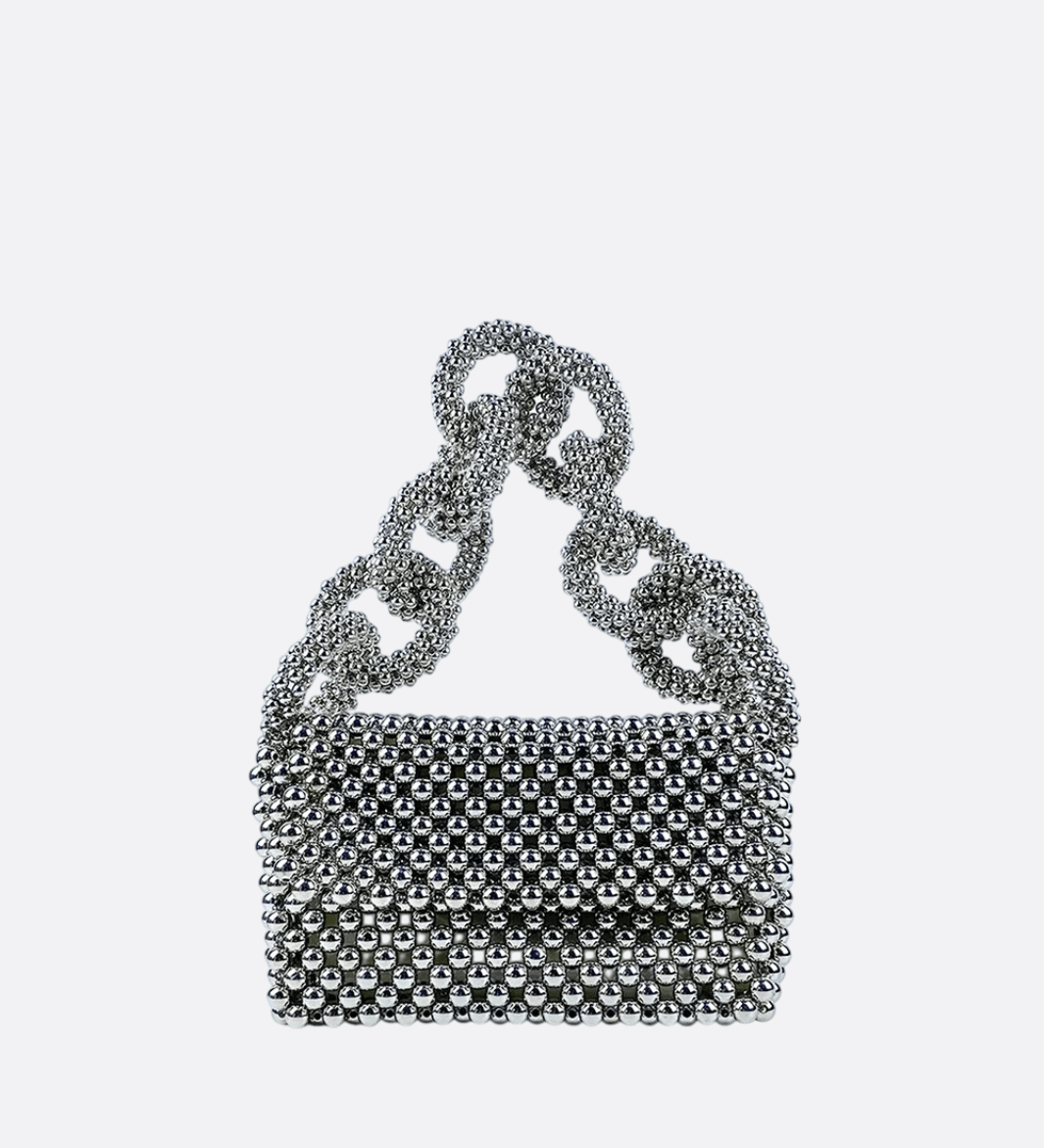 Metallic Beaded Evening Bag – Statement Chain Handle Clutch - in Silver | Arvea Bags