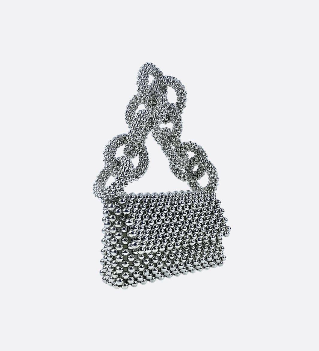 Metallic Beaded Evening Bag – Statement Chain Handle Clutch - in Silver | Arvea Bags