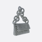 Metallic Beaded Evening Bag – Statement Chain Handle Clutch - in Silver | Arvea Bags