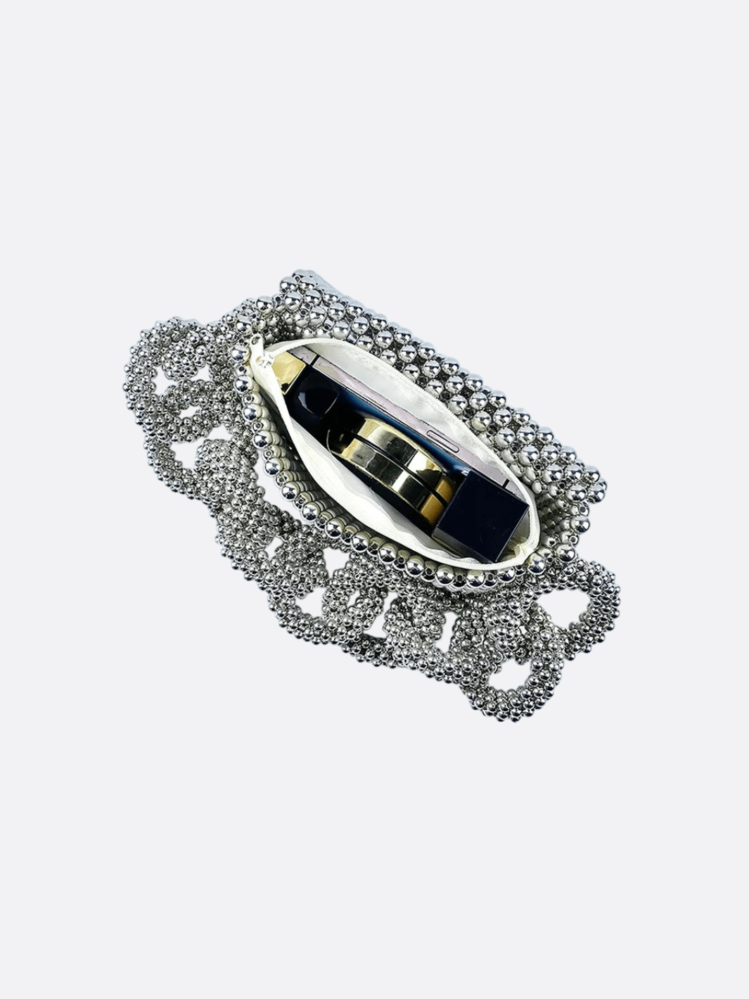 Metallic Beaded Evening Bag – Statement Chain Handle Clutch - in Silver | Arvea Bags