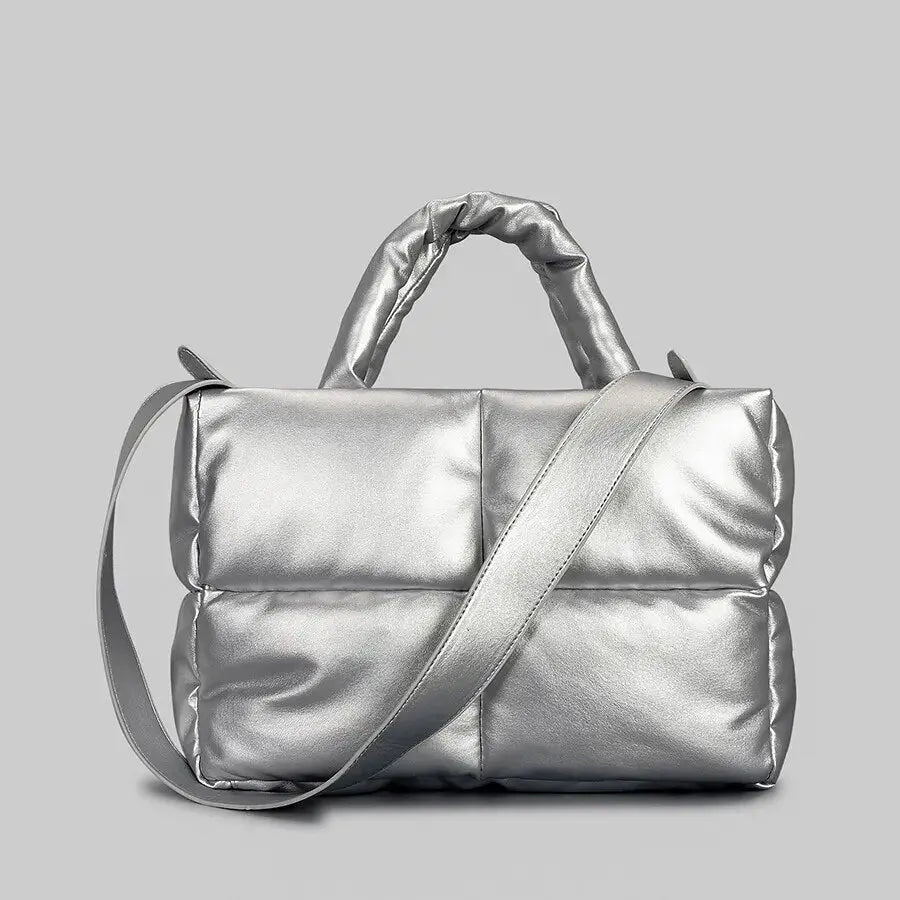 Mia | Brown Puffer Shoulder Bag – Trendy & Cozy - in Silver | Arvea Bags