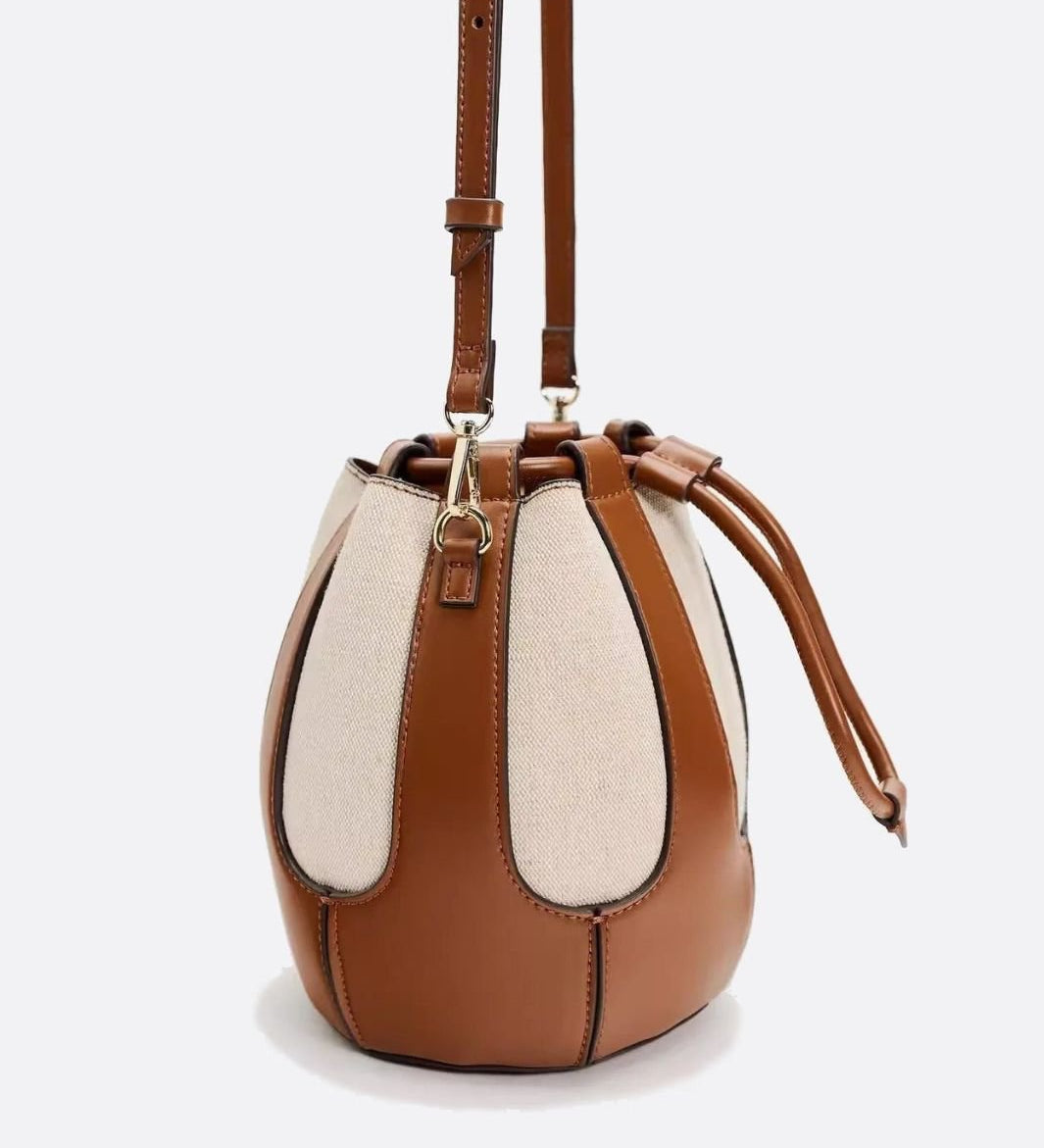Mila Leather & Canvas Bucket Bag – Structured Drawstring - in Brown | Arvea Bags