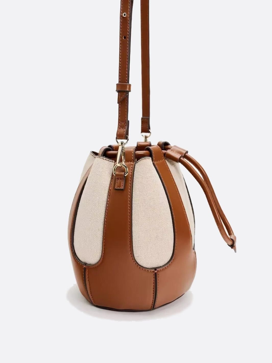 Mila Leather & Canvas Bucket Bag – Structured Drawstring - in Brown | Arvea Bags