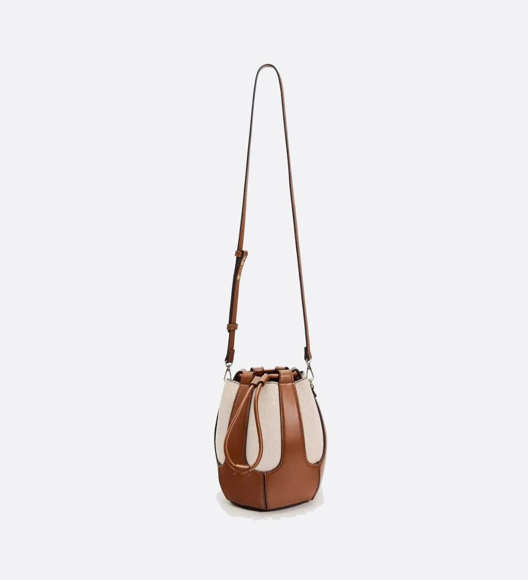 Mila Leather & Canvas Bucket Bag – Structured Drawstring - in Brown | Arvea Bags