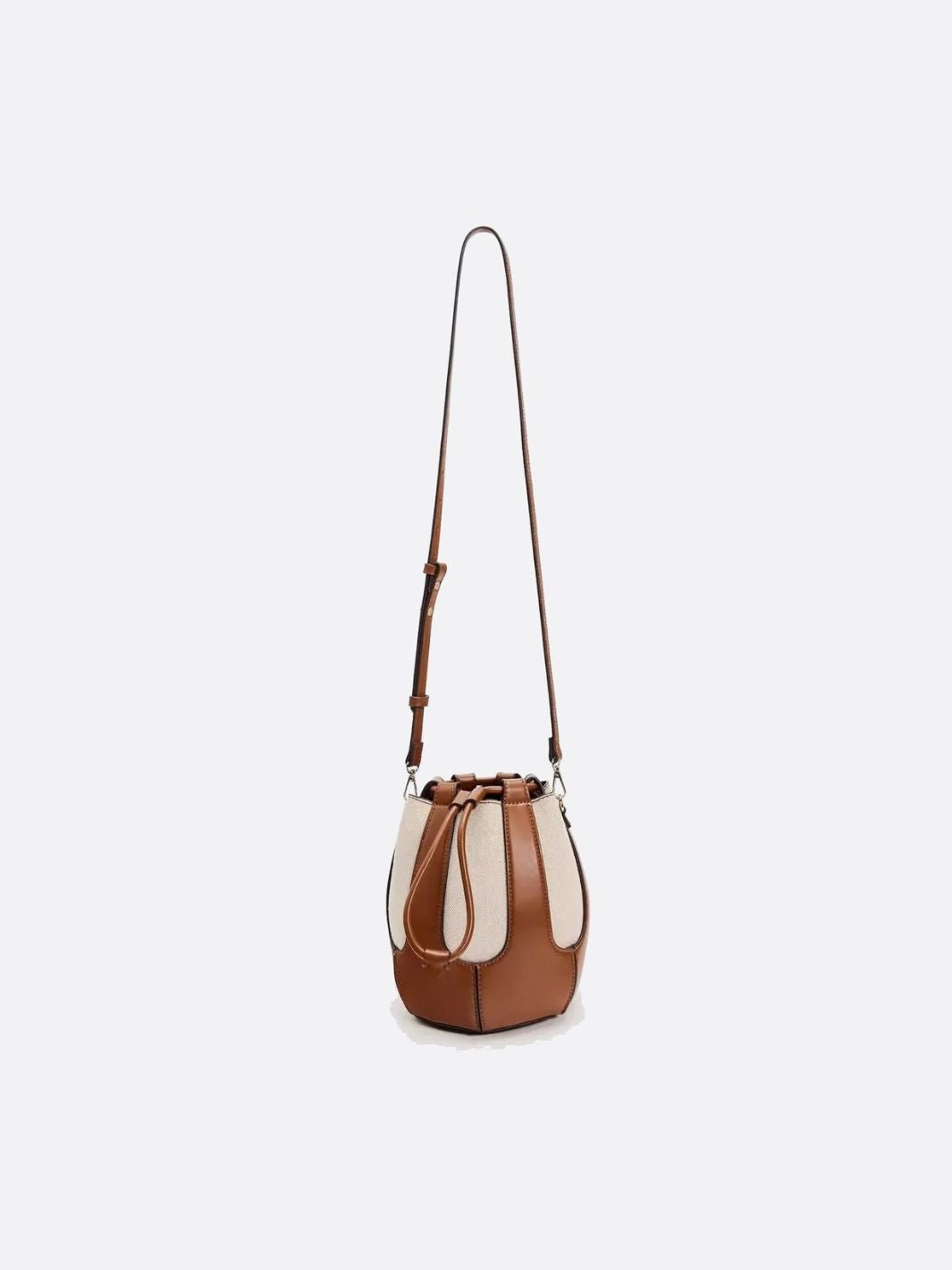 Mila Leather & Canvas Bucket Bag – Structured Drawstring - in Brown | Arvea Bags